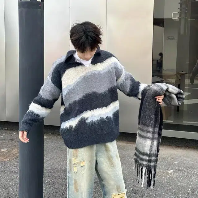 蛊惑 秋冬美式复古慵懒风仿貂毛撞色条纹男翻领宽松休闲套头上衣针织衫 男女同款