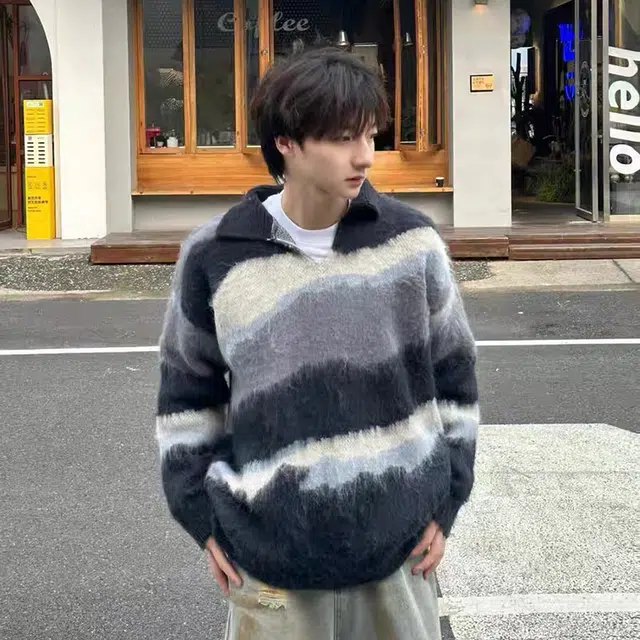蛊惑 秋冬美式复古慵懒风仿貂毛撞色条纹男翻领宽松休闲套头上衣针织衫 男女同款