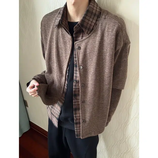 蛊惑 复古格纹拼接假两件开衫毛衣秋冬外套慵懒高级感百搭针织衫 男女同款