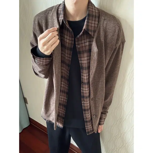 蛊惑 复古格纹拼接假两件开衫毛衣秋冬外套慵懒高级感百搭针织衫 男女同款