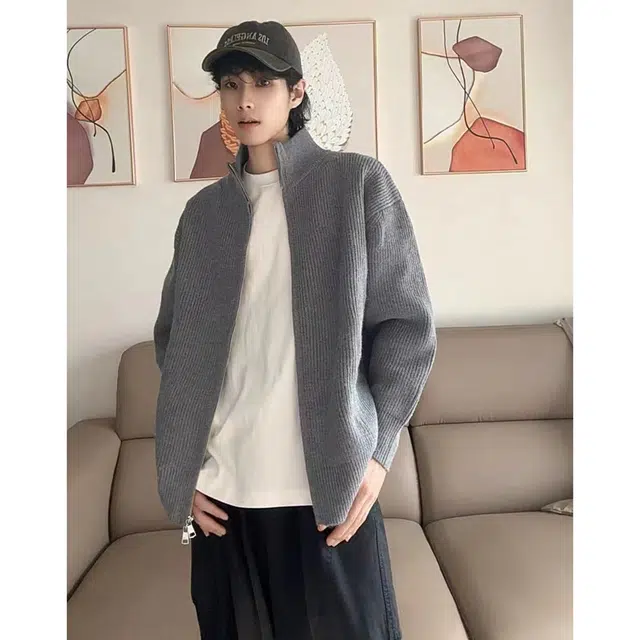 蛊惑 美式复古慵懒风宽松双拉链立领保暖长袖外套男春秋季纯色时尚百搭开衫针织衫 男女同款