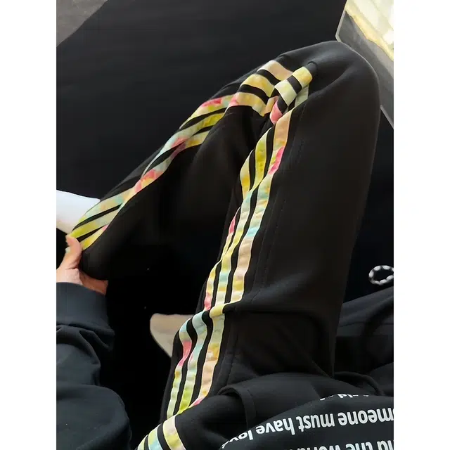 蛊惑 彩色条纹裤子美式高街三条杠运动卫裤宽松直筒休闲裤 男女同款