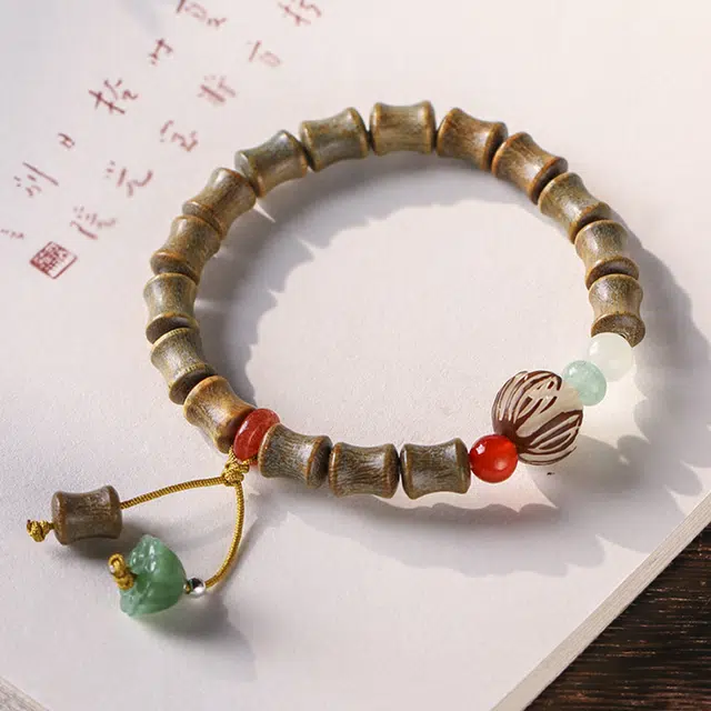 九隆古 手工编织带皮莲花珠 节节高升 平安喜乐 学业有成 考试考研上岸 国潮文艺气质高级感小众 檀木 手串 男女同款情侣款 绿檀