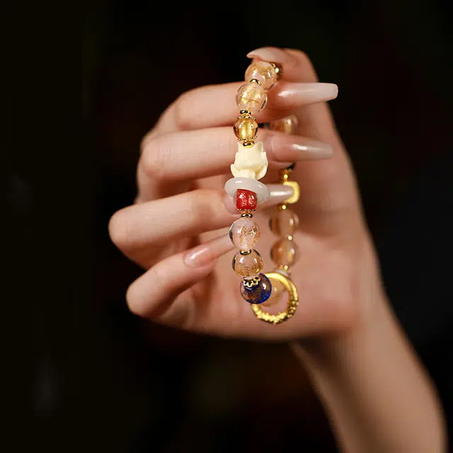 九隆古 金箔粉九尾狐 粉瓷桃花 森系国潮小众 新中式复古设计高级感 琉璃 玉石手链 男女同款情侣款