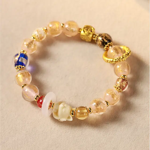 九隆古 金箔粉九尾狐 粉瓷桃花 森系国潮小众 新中式复古设计高级感 琉璃 玉石手链 男女同款情侣款