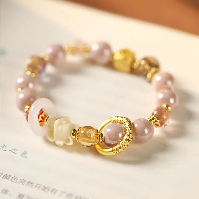 九隆古 香灰瓷九尾狐粉瓷 桃花 转运仙狐 琉璃 玉石手串 男女同款情侣款