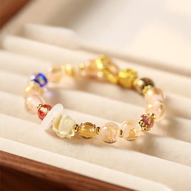 九隆古 金箔粉九尾狐 粉瓷桃花 森系国潮小众 新中式复古设计高级感 琉璃 玉石手链 男女同款情侣款