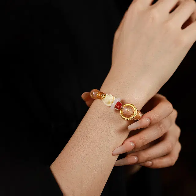 九隆古 金箔粉九尾狐 粉瓷桃花 森系国潮小众 新中式复古设计高级感 琉璃 玉石手链 男女同款情侣款