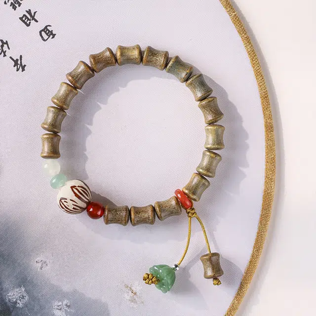 九隆古 手工编织带皮莲花珠 节节高升 平安喜乐 学业有成 考试考研上岸 国潮文艺气质高级感小众 檀木 手串 男女同款情侣款 绿檀