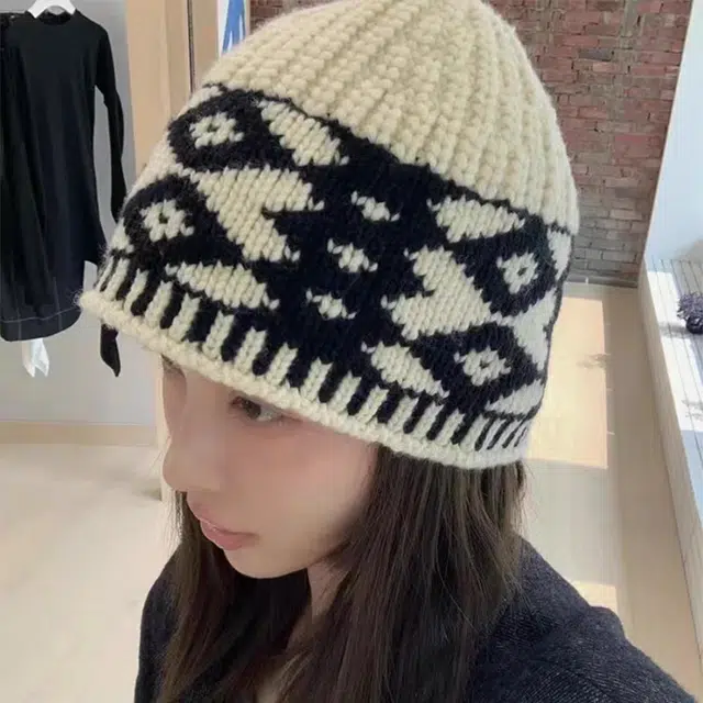 无限兔 菱形图案线针织帽休闲百搭毛加厚保暖护耳冷帽高弹力显脸小套头帽 腈纶 绒线帽 男女同款情侣款
