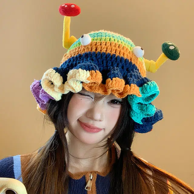 【呆萌多巴胺搞怪帽】 无限兔 拼色针织荷叶边百搭可爱保暖防寒手工 毛线 绒线帽 男女同款情侣款