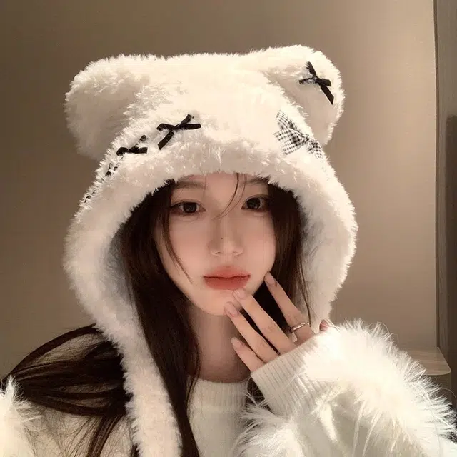 【蝴蝶结小熊】 无限兔 大头围秋冬季雷锋帽子百搭可爱氛围感针织帽显脸小保暖防寒防风毛绒帽护耳朵渔夫帽 涤纶 绒线帽 男女同款情侣款