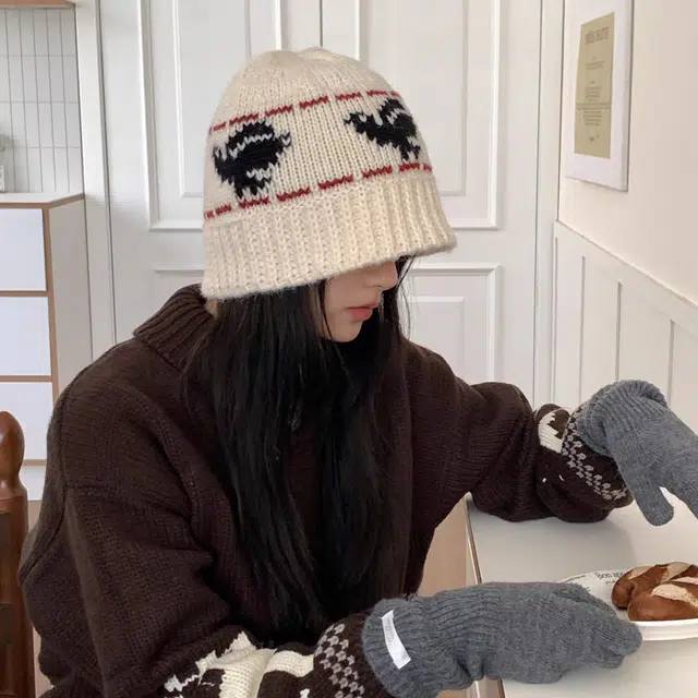 【提花和平鸽】 无限兔 复古针织帽秋冬季保暖渔夫帽加厚护耳水桶帽韩系户外显脸小时尚百搭毛线防寒帽 涤纶 绒线帽 男女同款情侣款