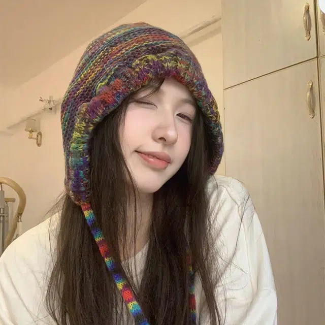 无限兔 甜美保暖针织帽绑带彩虹帽护耳帽毛线户外套头帽出行防风护耳 涤纶 绒线帽 男女同款情侣款