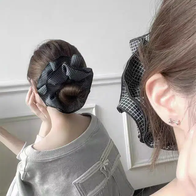 无限兔 韩系格子双层大肠丸子头上班通勤简便高级感百搭时尚超大头花头绳发饰 布艺 发圈 女款