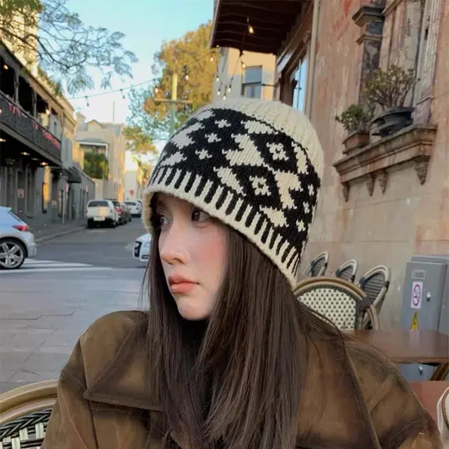 无限兔 菱形图案线针织帽休闲百搭毛加厚保暖护耳冷帽高弹力显脸小套头帽 腈纶 绒线帽 男女同款情侣款