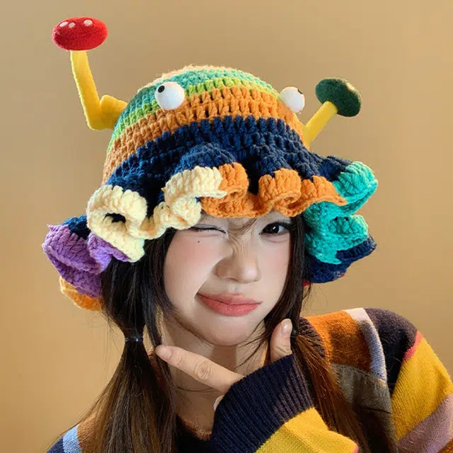 【呆萌多巴胺搞怪帽】 无限兔 拼色针织荷叶边百搭可爱保暖防寒手工 毛线 绒线帽 男女同款情侣款