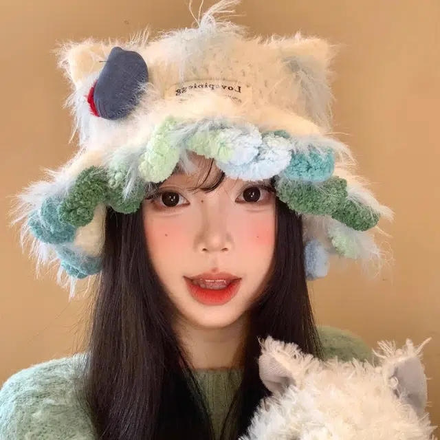 【可爱小猫咪kt】 无限兔 花边百搭冬季大头围保暖防寒针织帽毛绒绒卡通水桶护耳包头帽渔夫帽户外出行 涤纶 绒线帽 男女同款情侣款