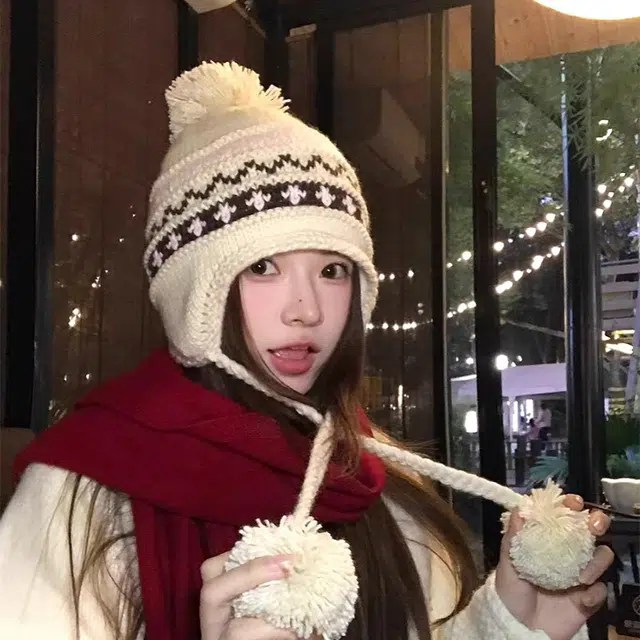 无限兔 费尔岛风毛球提花显脸小设计感针织帽毛绒帽子毛线冬季加绒加厚保暖防寒潮 腈纶 绒线帽雷锋帽护耳帽 男女同款情侣款