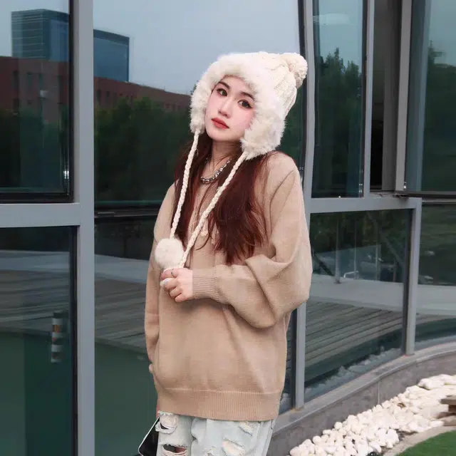 无限兔 兔毛针织帽子百搭可爱毛球冬季加绒加厚防寒户外旅游毛线保暖护耳帽 聚酯纤维 绒线帽 男女同款情侣款