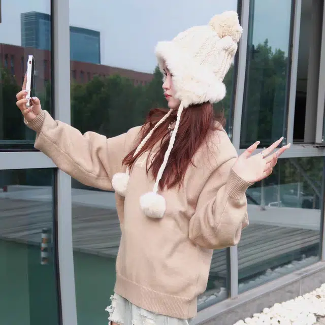 无限兔 兔毛针织帽子百搭可爱毛球冬季加绒加厚防寒户外旅游毛线保暖护耳帽 聚酯纤维 绒线帽 男女同款情侣款