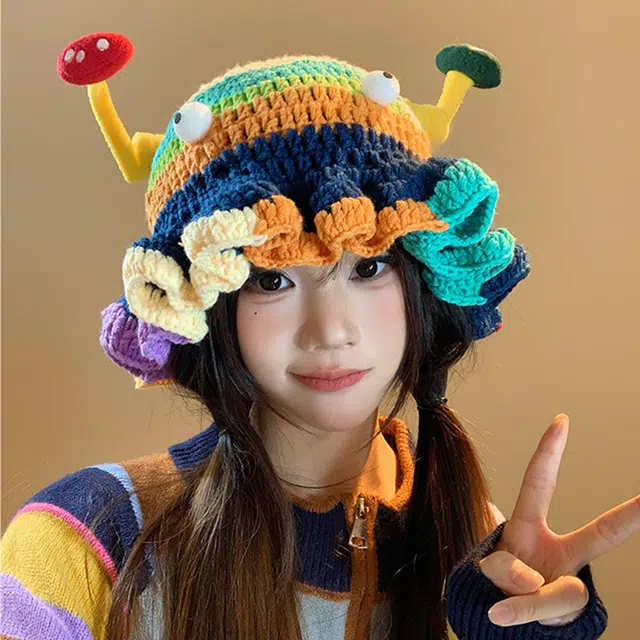 【呆萌多巴胺搞怪帽】 无限兔 拼色针织荷叶边百搭可爱保暖防寒手工 毛线 绒线帽 男女同款情侣款