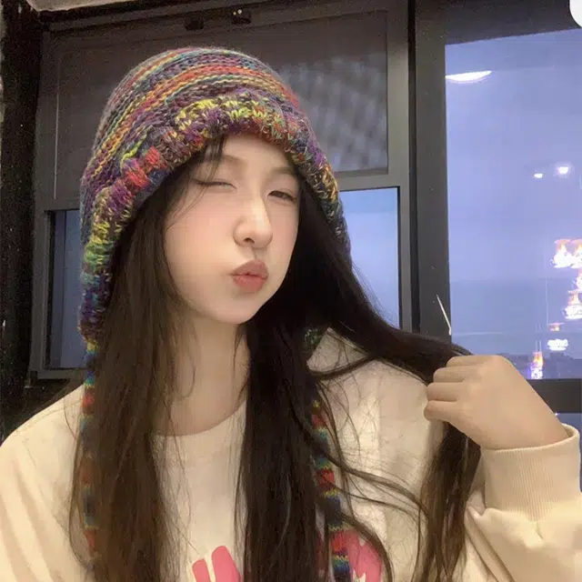 无限兔 甜美保暖针织帽绑带彩虹帽护耳帽毛线户外套头帽出行防风护耳 涤纶 绒线帽 男女同款情侣款