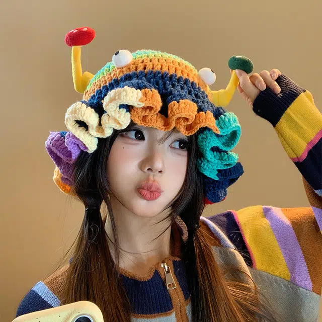 【呆萌多巴胺搞怪帽】 无限兔 拼色针织荷叶边百搭可爱保暖防寒手工 毛线 绒线帽 男女同款情侣款
