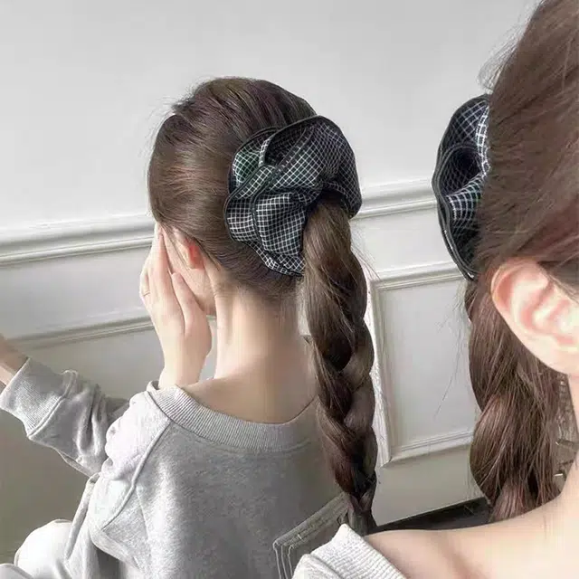 无限兔 韩系格子双层大肠丸子头上班通勤简便高级感百搭时尚超大头花头绳发饰 布艺 发圈 女款
