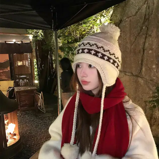 无限兔 费尔岛风毛球提花显脸小设计感针织帽毛绒帽子毛线冬季加绒加厚保暖防寒潮 腈纶 绒线帽雷锋帽护耳帽 男女同款情侣款
