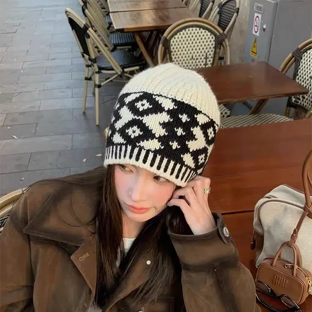无限兔 菱形图案线针织帽休闲百搭毛加厚保暖护耳冷帽高弹力显脸小套头帽 腈纶 绒线帽 男女同款情侣款