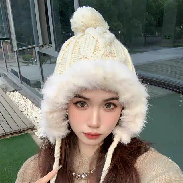 无限兔 兔毛针织帽子百搭可爱毛球冬季加绒加厚防寒户外旅游毛线保暖护耳帽 聚酯纤维 绒线帽 男女同款情侣款