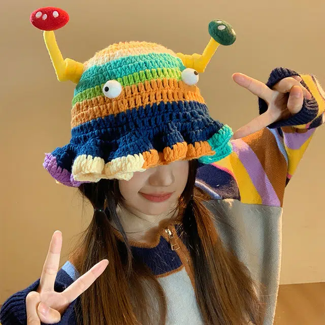 【呆萌多巴胺搞怪帽】 无限兔 拼色针织荷叶边百搭可爱保暖防寒手工 毛线 绒线帽 男女同款情侣款