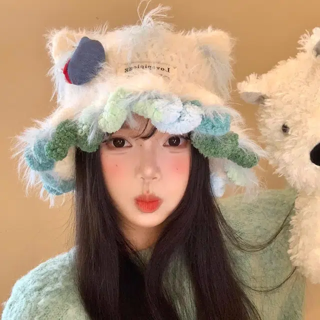 【可爱小猫咪kt】 无限兔 花边百搭冬季大头围保暖防寒针织帽毛绒绒卡通水桶护耳包头帽渔夫帽户外出行 涤纶 绒线帽 男女同款情侣款