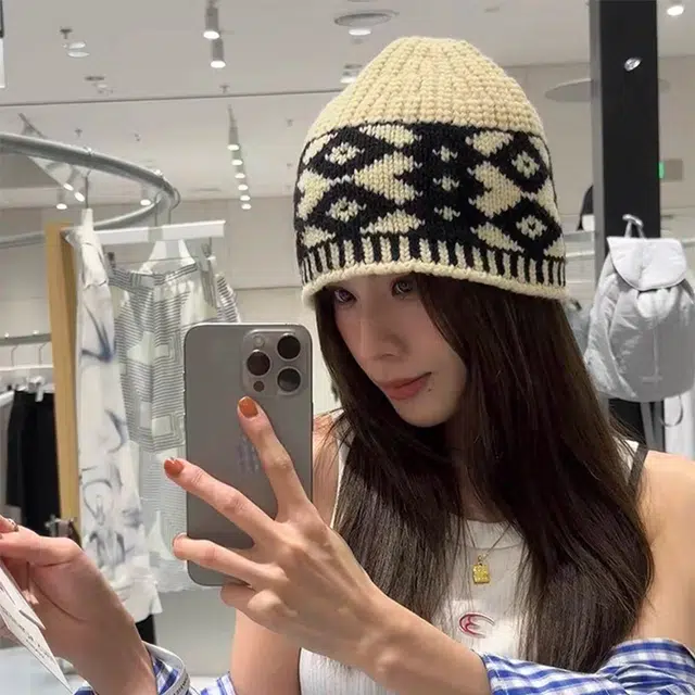 无限兔 菱形图案线针织帽休闲百搭毛加厚保暖护耳冷帽高弹力显脸小套头帽 腈纶 绒线帽 男女同款情侣款