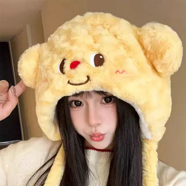 【奶油小熊】 无限兔 冬季加厚保暖护耳帽可爱卡通加绒防寒包头雷锋帽毛球百搭 涤纶 绒线帽 男女同款情侣款