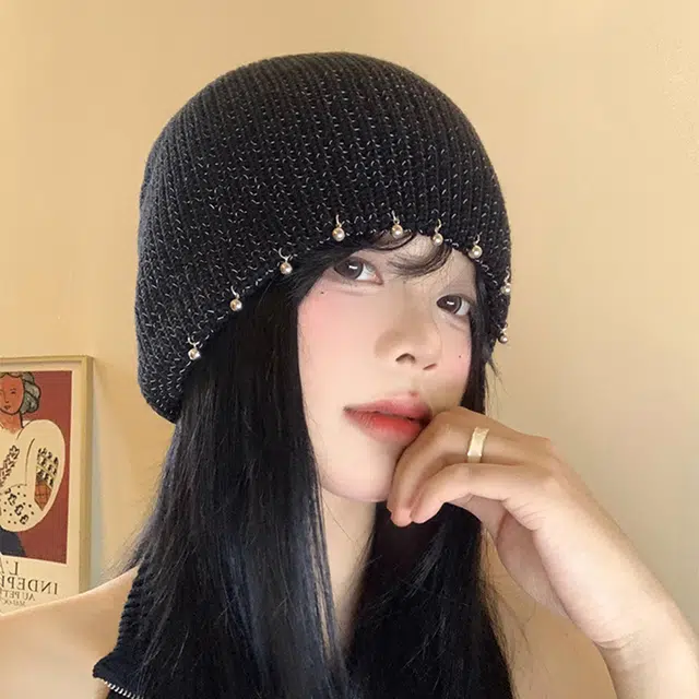 【复古钉珠】 无限兔 亮丝针织保暖包头帽显脸小加厚护耳防寒 腈纶 绒线帽 男女同款情侣款