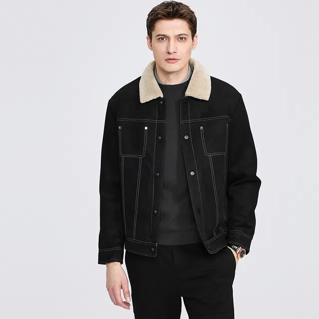 与狼共舞 时尚休闲内里保暖防风翻毛领夹克外套 男款