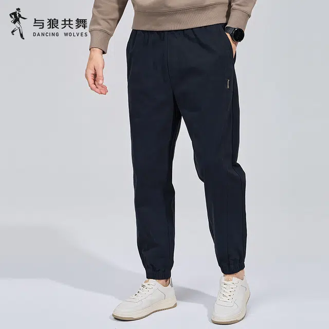 与狼共舞 重磅纯棉轻商务日常通勤百搭长裤弹力舒适亲肤松紧腰束脚修身休闲裤 男款
