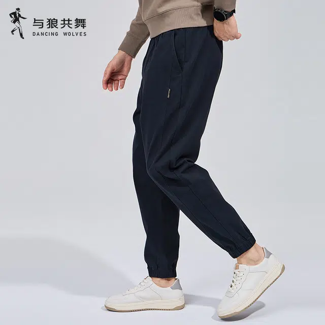 与狼共舞 重磅纯棉轻商务日常通勤百搭长裤弹力舒适亲肤松紧腰束脚修身休闲裤 男款
