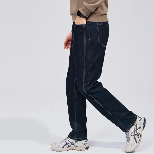 与狼共舞 潮流明线设计休闲青年款加绒保暖亲肤抗静电通勤百搭简约纯色直筒弹力牛仔裤 男款