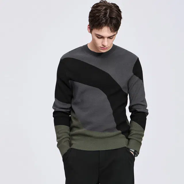 与狼共舞 休闲潮流百搭撞色拼接时尚设计绵羊毛保暖亲肤柔软舒适高街青年款圆领羊毛衣 男款