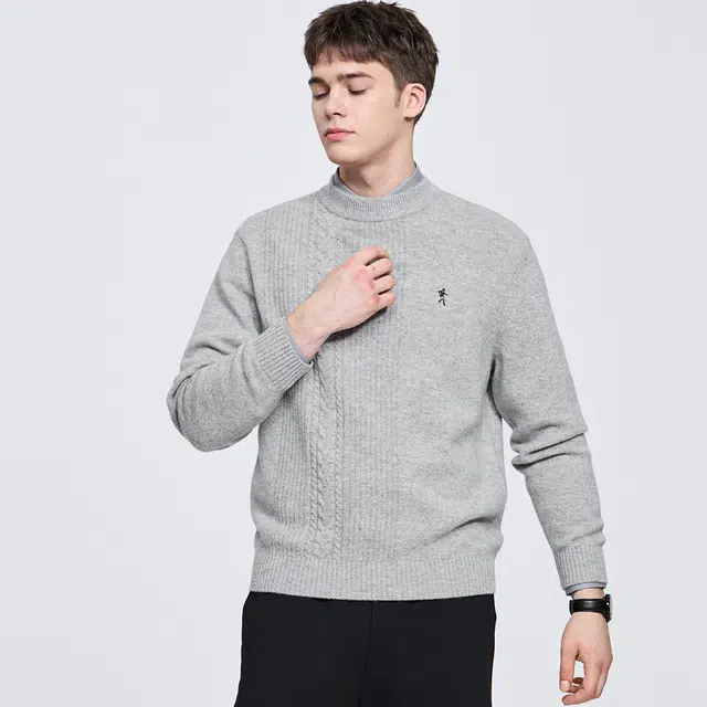 与狼共舞 日系风城市经典休闲百搭保暖纯羊毛衫纯色简约提花肌理柔软亲肤套头圆领针织毛衣 男款