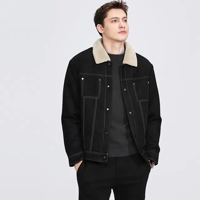 与狼共舞 时尚休闲内里保暖防风翻毛领夹克外套 男款