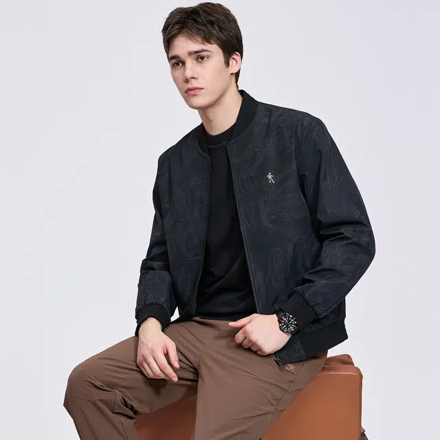 与狼共舞 潮流高街风暗纹印花时尚休闲百搭精致刺绣抗皱防风棒球领夹克外套 男款