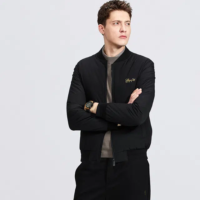 与狼共舞 金丝刺绣商务休闲防风保暖短款棒球领羽绒服 男款 黑色
