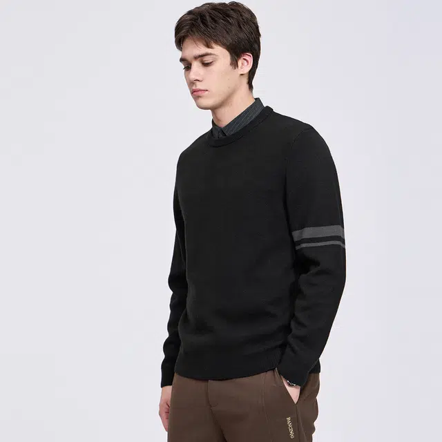 与狼共舞 经典百搭款日系潮流袖臂印花设计时尚通勤抗菌保暖羊毛衫休闲假两件翻领毛衣 男款