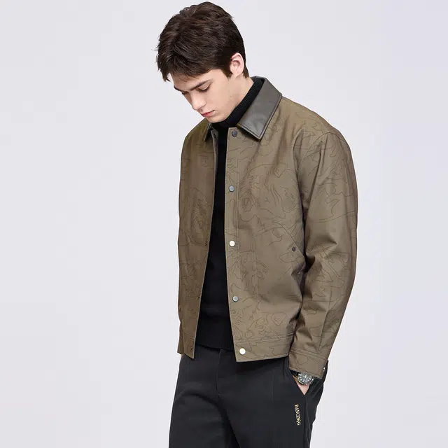 与狼共舞 美式复古巴恩风轻奢高级感潮流时尚暗纹印花高街风通勤休闲百搭抗皱防风保暖夹棉工装翻领夹克外套 男款