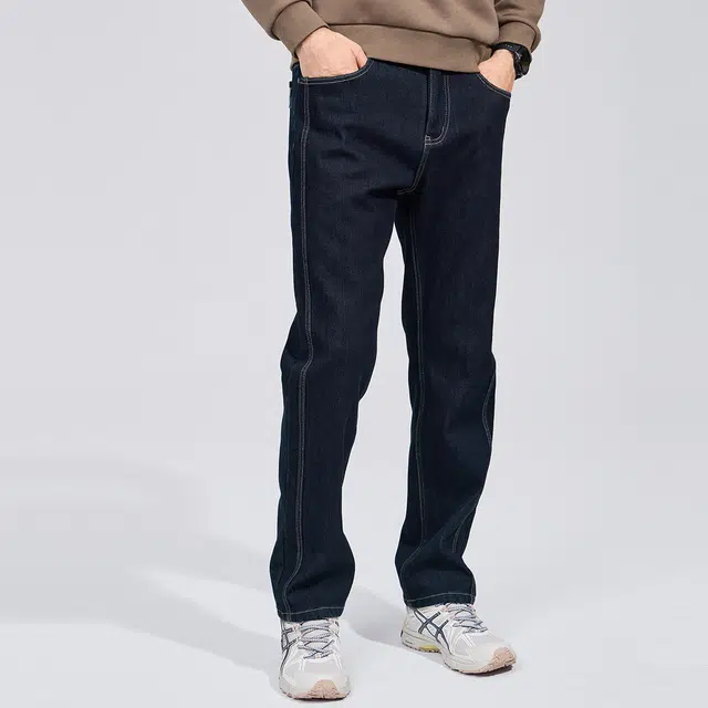 与狼共舞 潮流明线设计休闲青年款加绒保暖亲肤抗静电通勤百搭简约纯色直筒弹力牛仔裤 男款