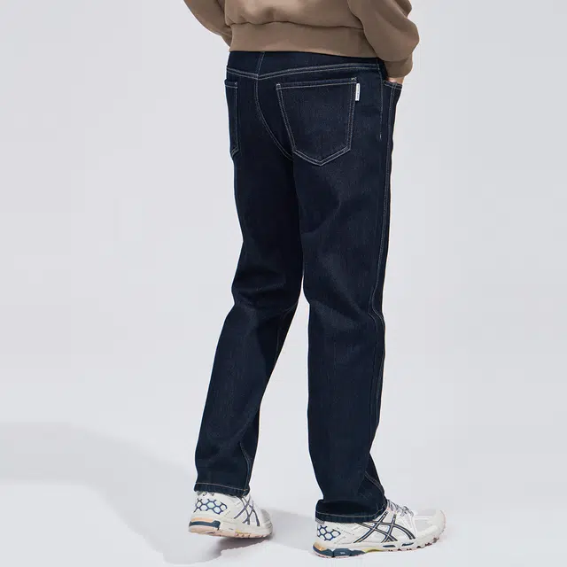 与狼共舞 潮流明线设计休闲青年款加绒保暖亲肤抗静电通勤百搭简约纯色直筒弹力牛仔裤 男款